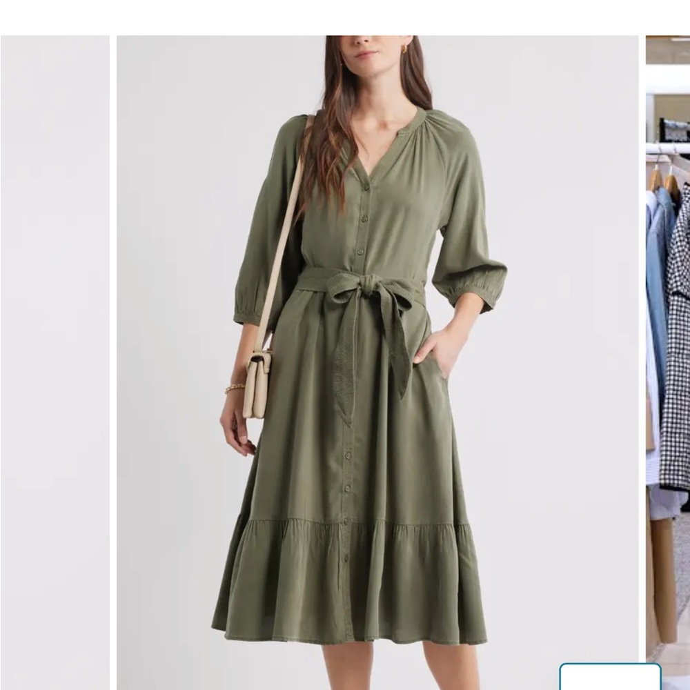 Olive Green Button-Front Tiered Midi Dress with Belted Waist - Picture 5 of 8